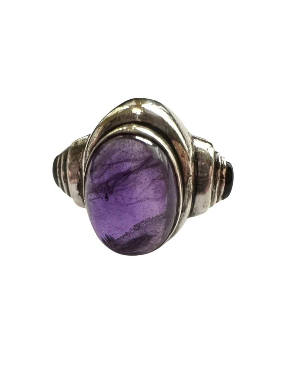 Sterling Silver Ring With Amethyst & Black Stone Cabochons Size 7